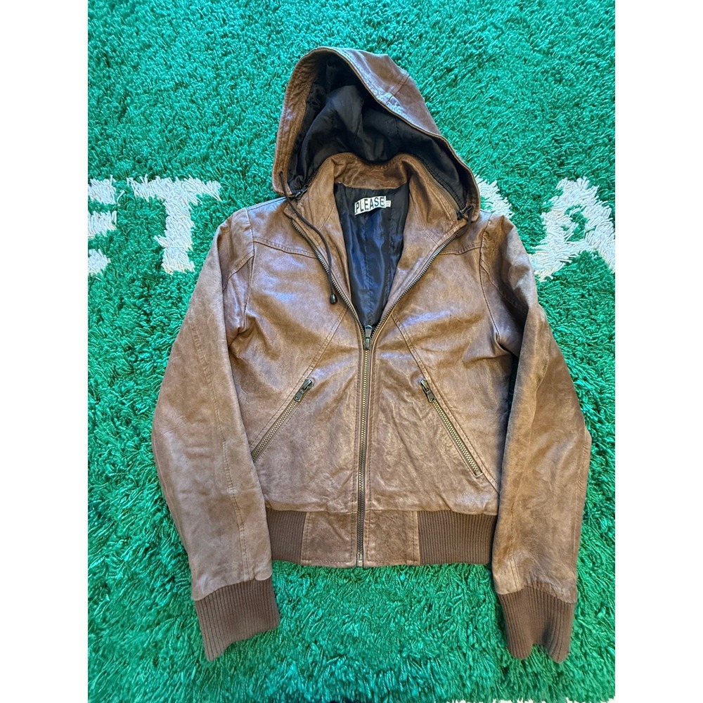 Please Leather Bomber‎ Jacket Womens XS Brown Good Hooded Made in Italy Zip Up